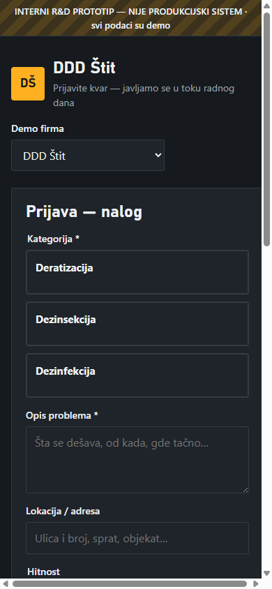 Posao 404: prijava posla na telefonu, za terenski rad.