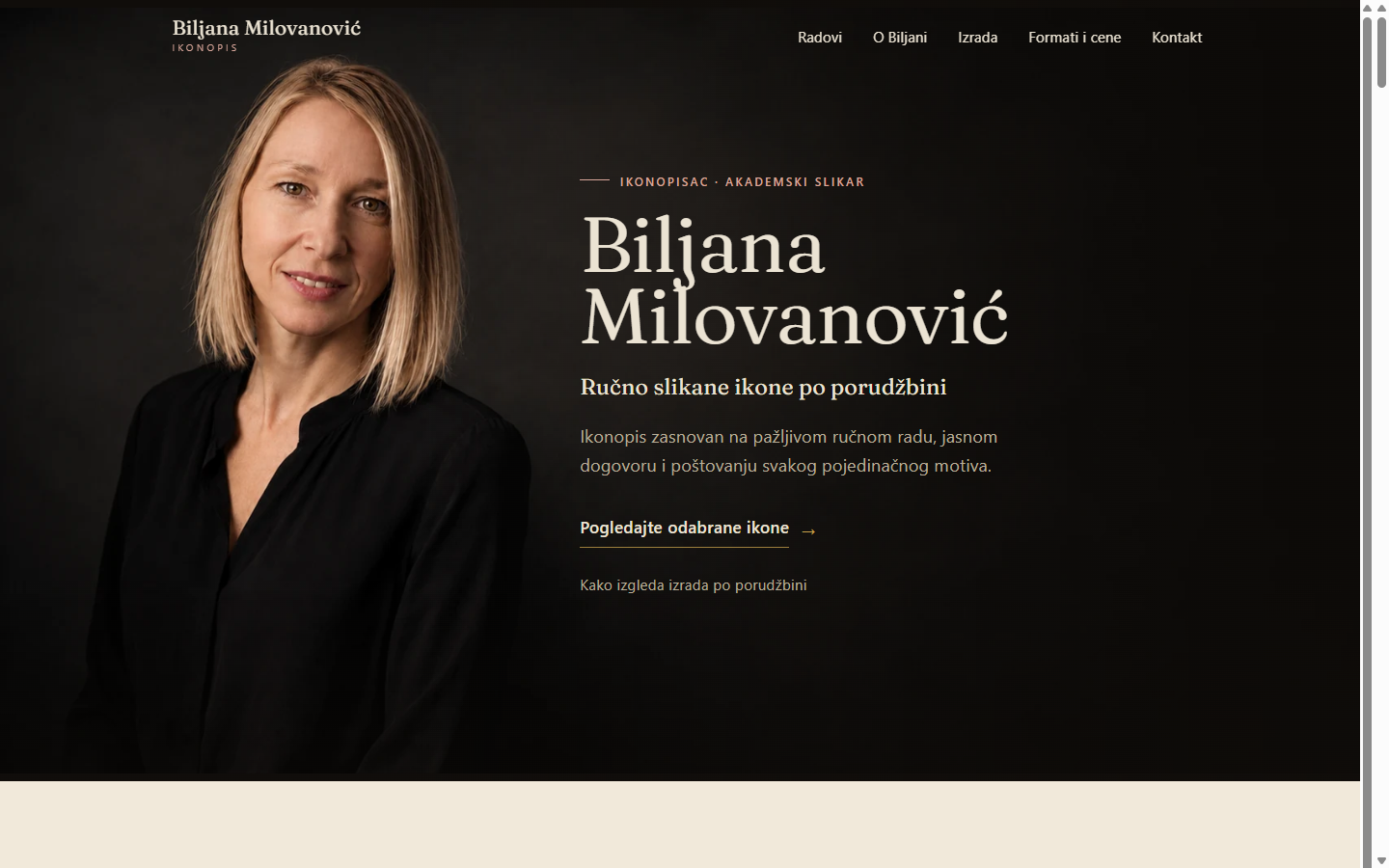 Biljana Milovanović — umetnički portfolio za ikonopis, prikaz naslovne strane sajta