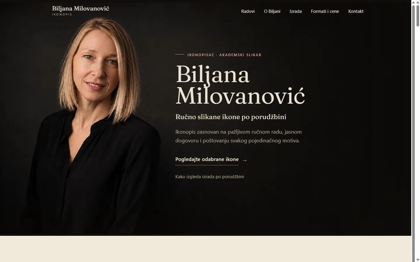 Biljana Milovanović — an artist portfolio for icon painting, home page preview