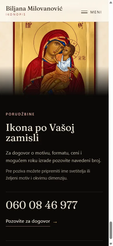 Naslovna scena sajta na telefonu: portret umetnice i uvodni tekst, prilagođeni malom ekranu.