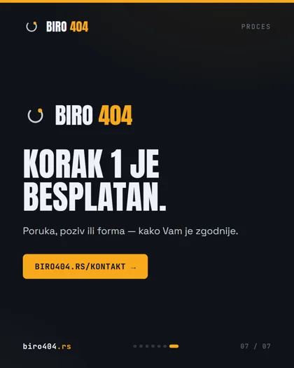 Završni slajd karusela: korak 1 je besplatan — poruka, poziv ili forma.