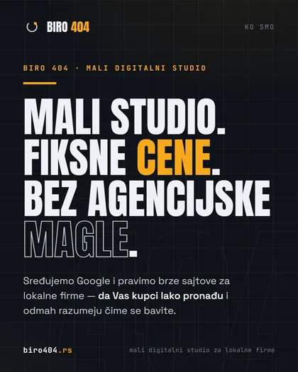 Tamna kartica sa porukom: mali studio, fiksne cene, bez agencijske magle. Logo BIRO 404.