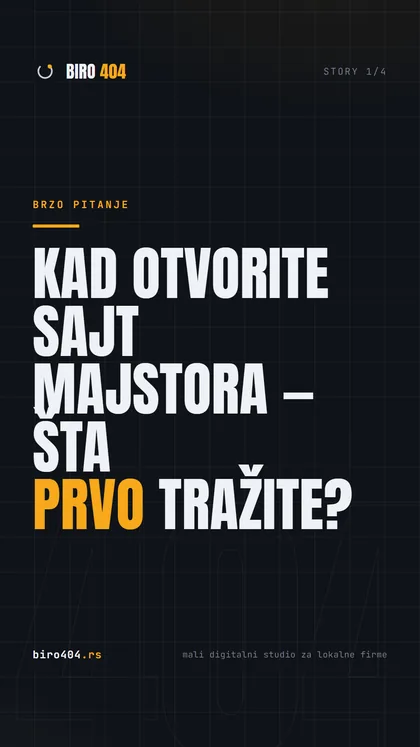Story sekvenca: šta kupci prvo traže kad otvore sajt majstora, sa mestom za anketu.
