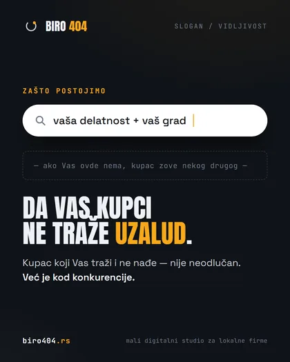 Google polje za pretragu sa upitom delatnost i grad, ispod poruka da firme nema u rezultatima, i slogan: Da Vas kupci ne traže uzalud.
