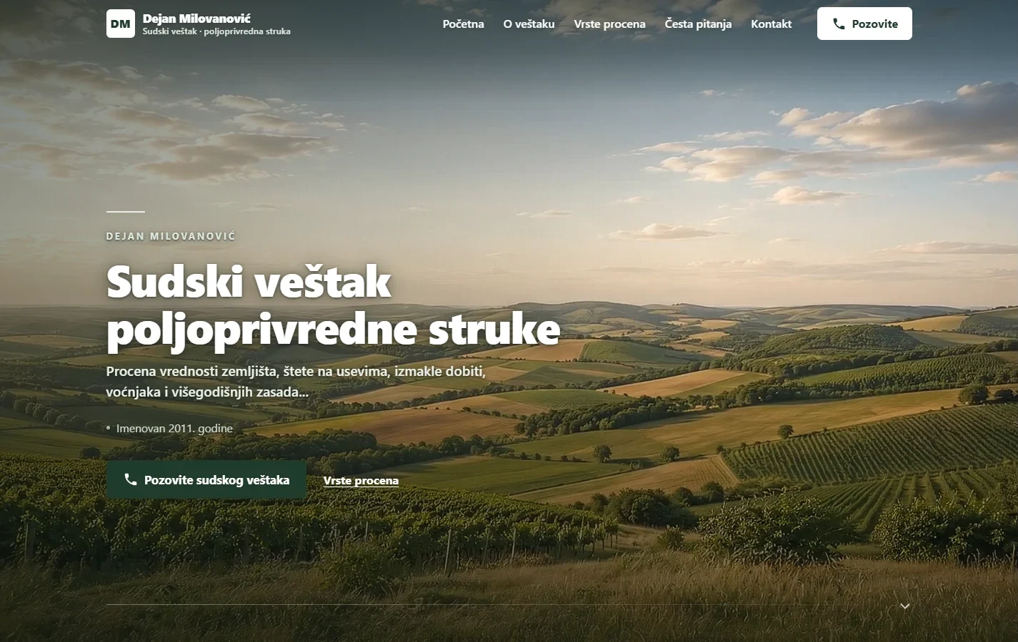 La nouvelle page d’accueil du site de l’expert judiciaire — un titre sur une photographie de champs, avec un appel clair à prendre contact