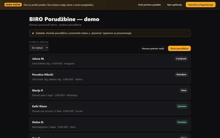 Un écran de la démo BIRO Commandes — des commandes avec un montant, un canal et un statut