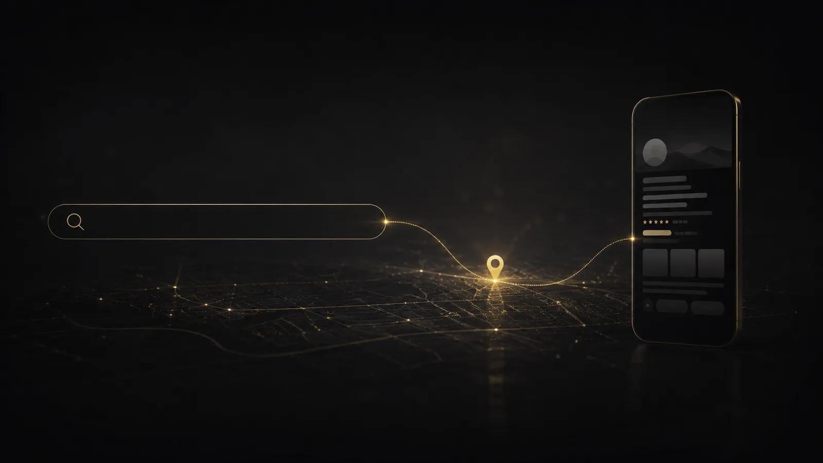 Un champ de recherche d’où part un signal traversant une carte de ville jusqu’à un point lumineux, puis jusqu’à une fiche d’entreprise ouverte sur un téléphone