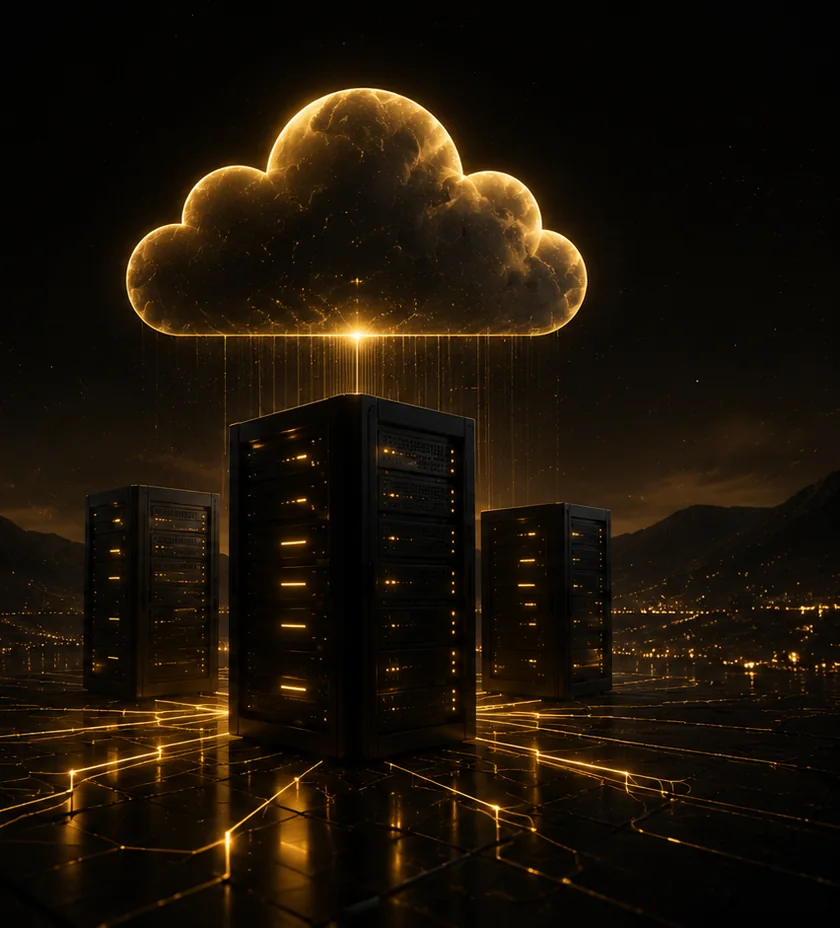 Server racks beneath a glowing cloud — a depiction of constant availability