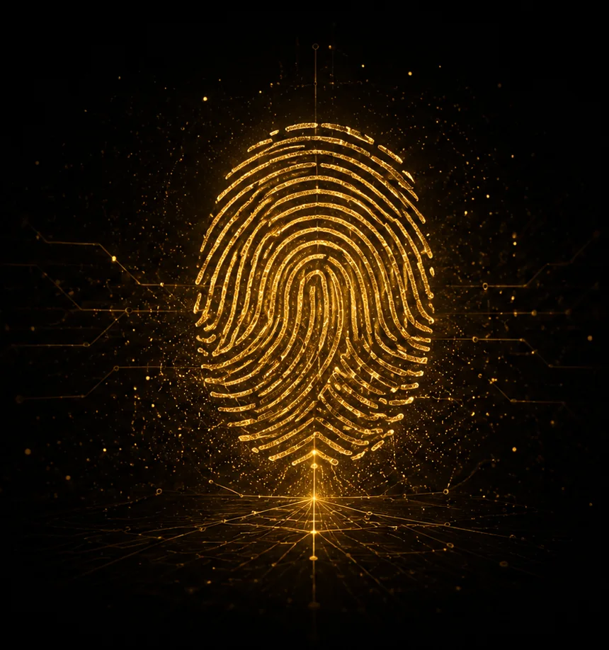 A golden fingerprint above a mesh of lines — a symbol of identity and access
